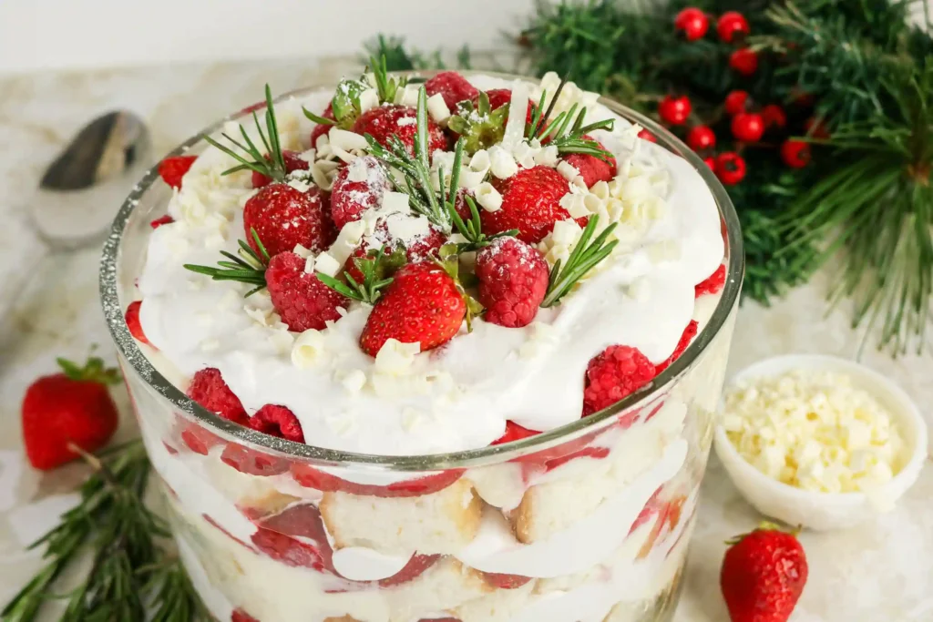 a Christmas trifle with strawberries and whipped cream on top
