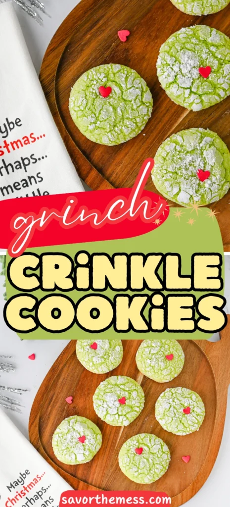 green crinkle cookies with a red heart sprinkle