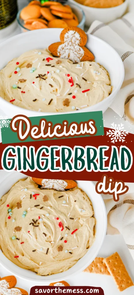 Gingerbread dip with sprinkles in a white bowl with a gingerbread cookie in it