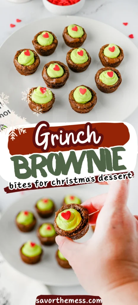 brownie bites with green frosting and a heart sprinkle on a white plate