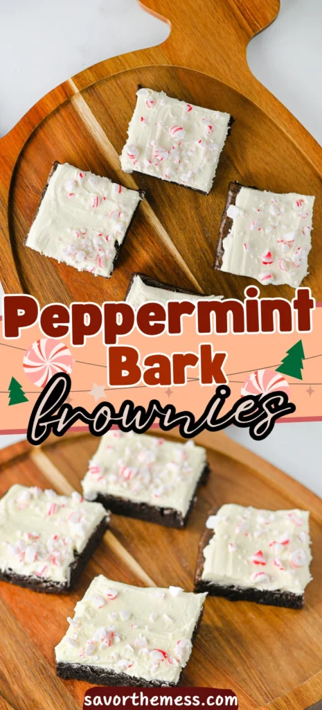 Peppermint brownies with crushed peppermint on a reindeer shaped wooden board