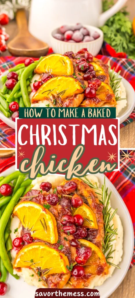 baked Christmas chicken with cranberries and lemon slices on a plate with green beans