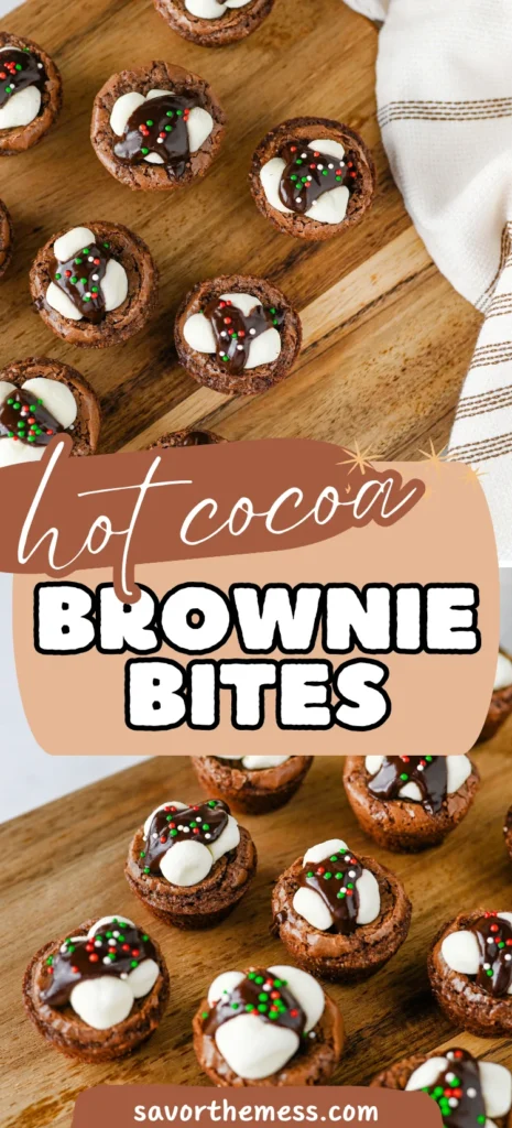 hot cocoa brownie bites with marshmallows and hot fudge on top