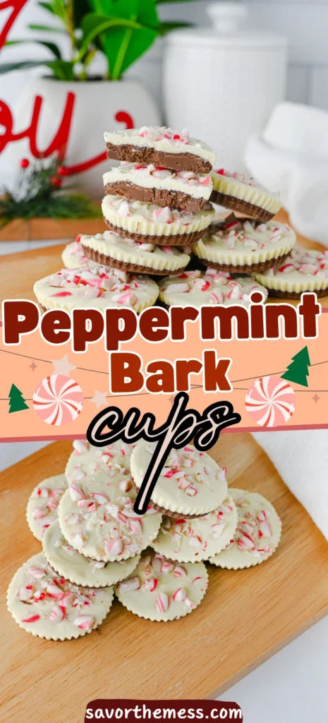peppermint bark cups with chocolate and crushed peppermint on top