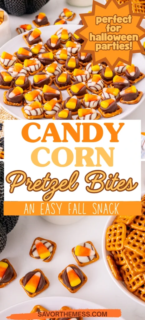 pretzels with chocolate and candy corn on top on a white plate