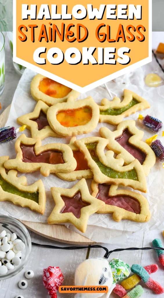 halloween stained glass sugar Cookes on parchment paper