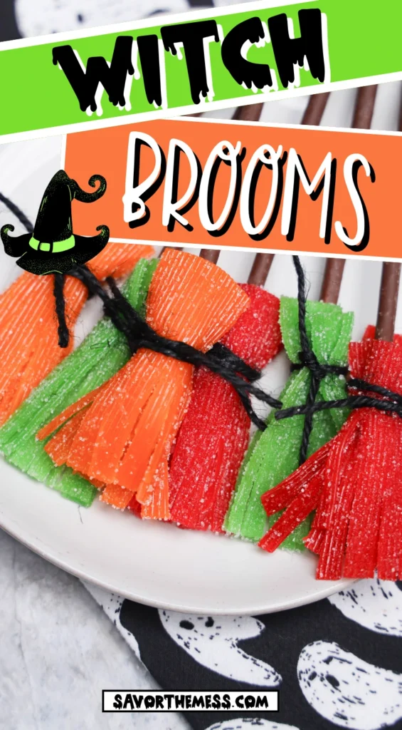 Sour Witch Brooms made of sour patch kid strips and chocolate biscuit sticks