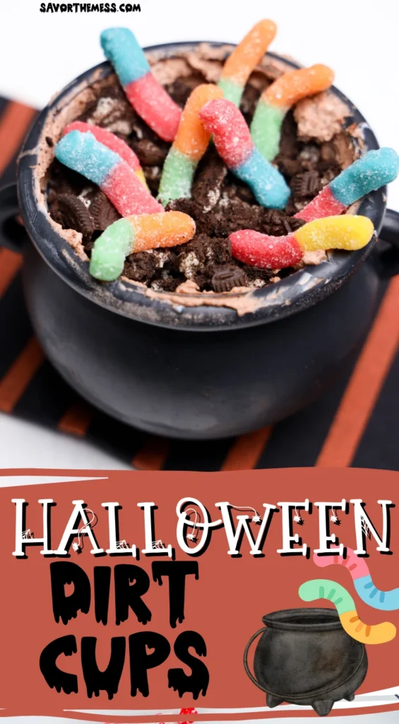 Halloween Dirt Cups in a cauldron and toped with gummy worms