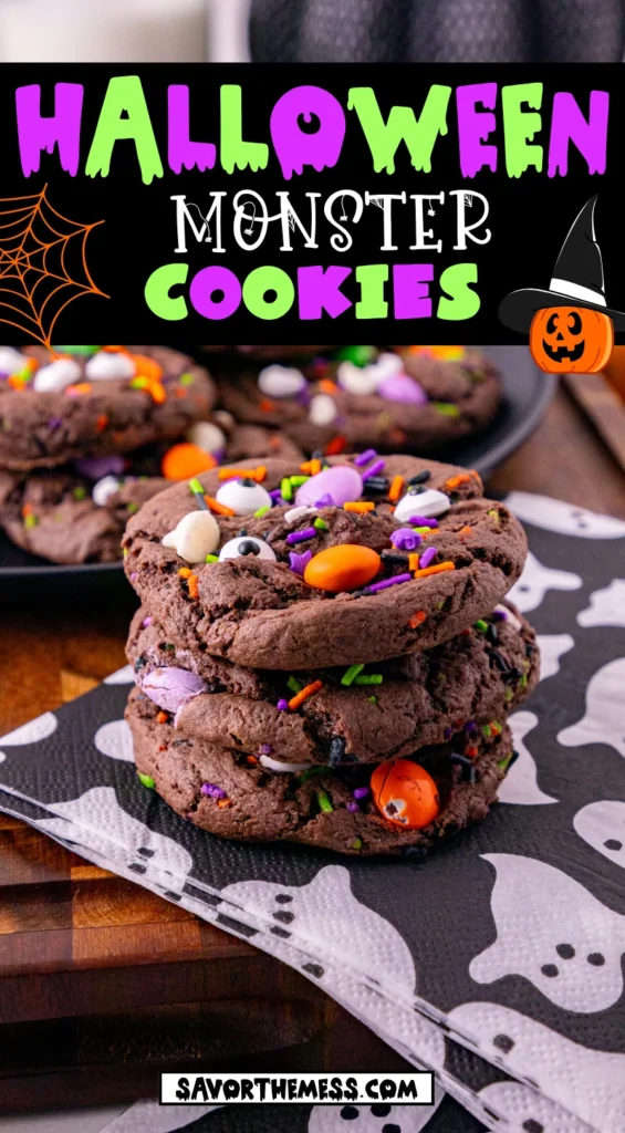 Halloween Monster Cake Mix Cookies with Halloween sprinkles on a black plate