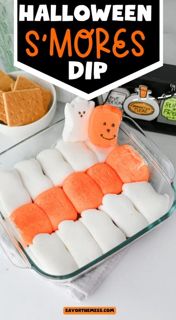 Halloween S'mores Dip with melted chocolate and halloween peep marshmallows