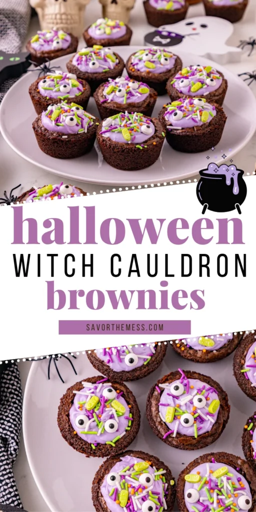 Witch Cauldron Brownies of brownies with purple icing and halloween sprinkles