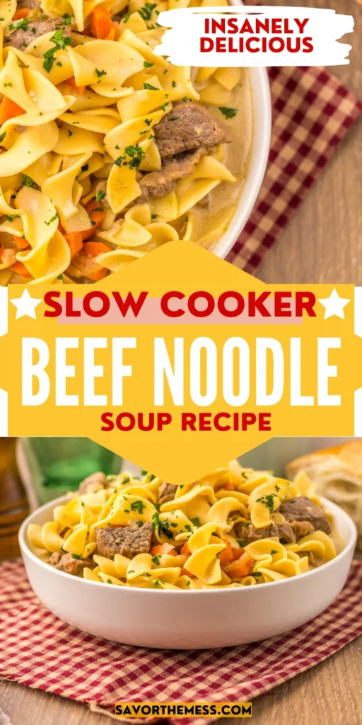 slow cooker creamy beef noodle soup in. a white bowl