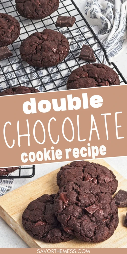 Double Chocolate Cookies with chocolate chips on a black cooling rack