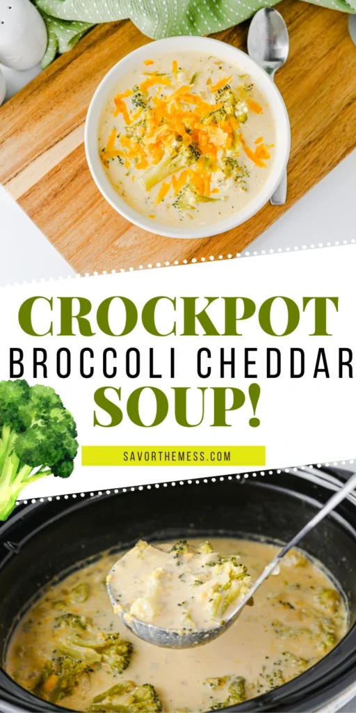 Slow Cooker Broccoli Cheddar Soup with cheese in a white bowl on a wooden board