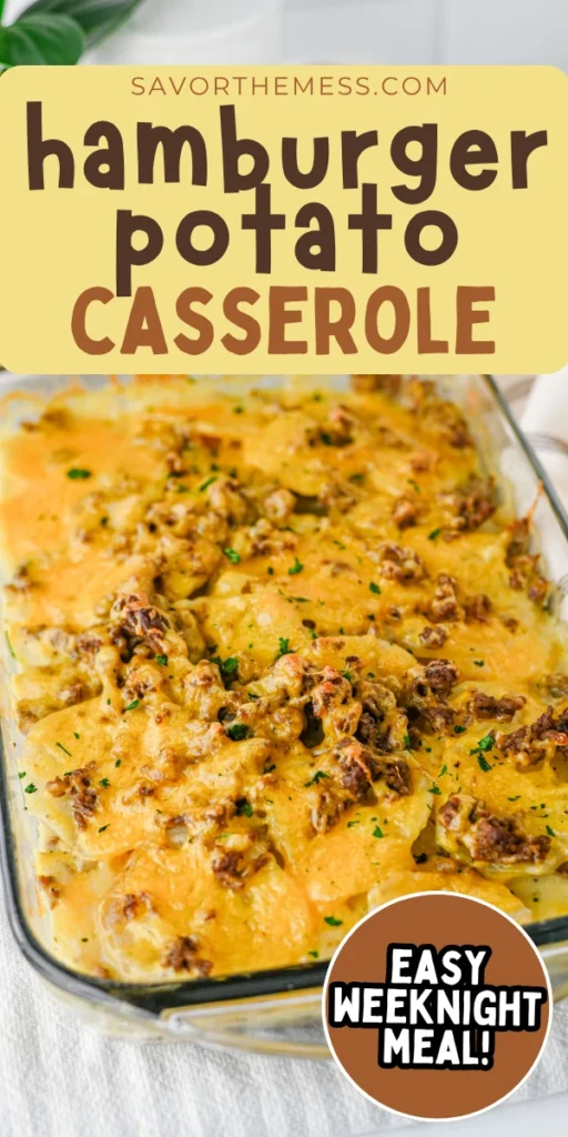 hamburger potato casserole in a glass baking pan