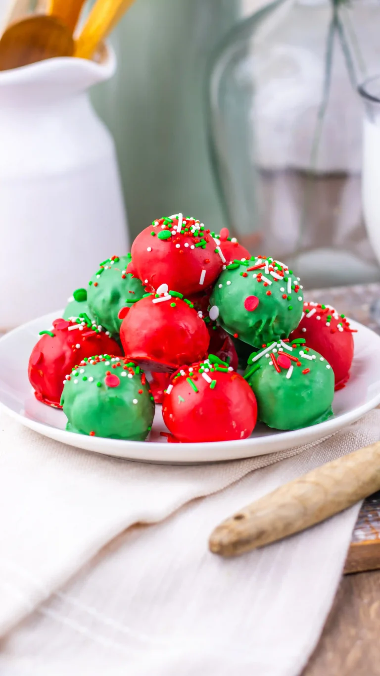 Christmas butterfinger balls coated in red and green chocolate with Christmas-themed sprinkles on top