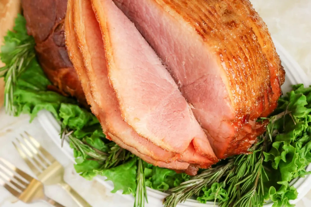 a ham with honey glaze sliced on a bed of lettuce