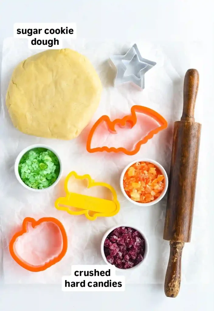 ingredients for the halloween stained glass cookies