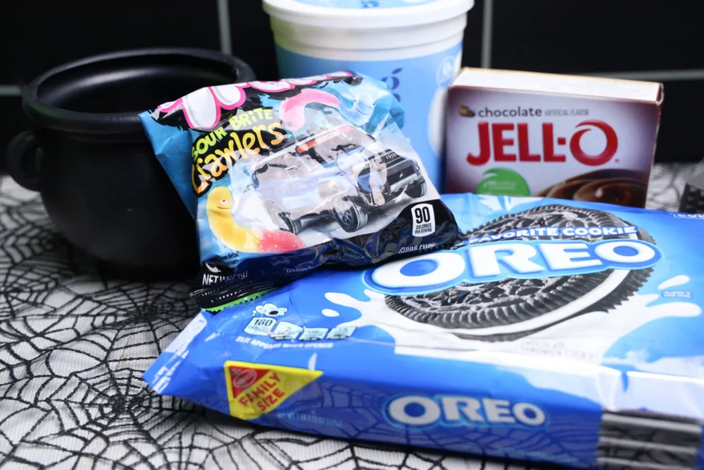 ingredients for the halloween dirt cups