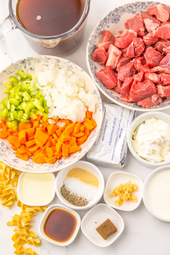 ingredients for the slow cooker creamy beef noodle soup