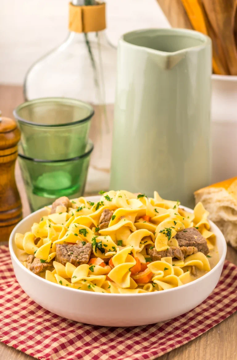 slow cooker creamy beef noodle soup in. a white bowl