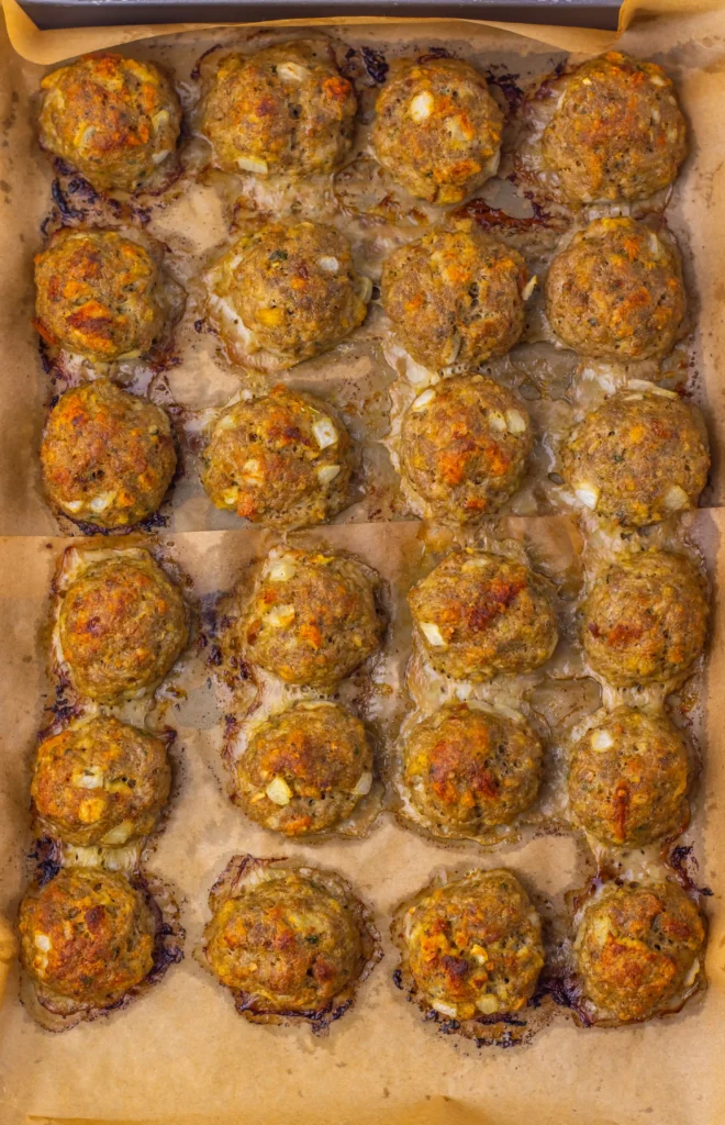 turkey stuffing meatballs on a baking tray with parchment paper