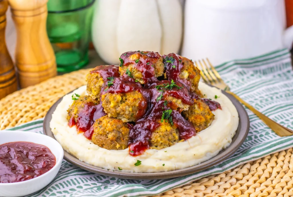 Turkey Stuffing Meatballs With Cranberry Glaze on a plate with mashed potatoes around the edge
