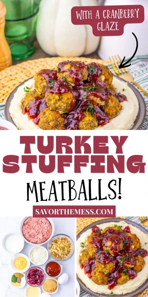 Turkey Stuffing Meatballs With Cranberry Glaze on a plate with mashed potatoes around the edge
