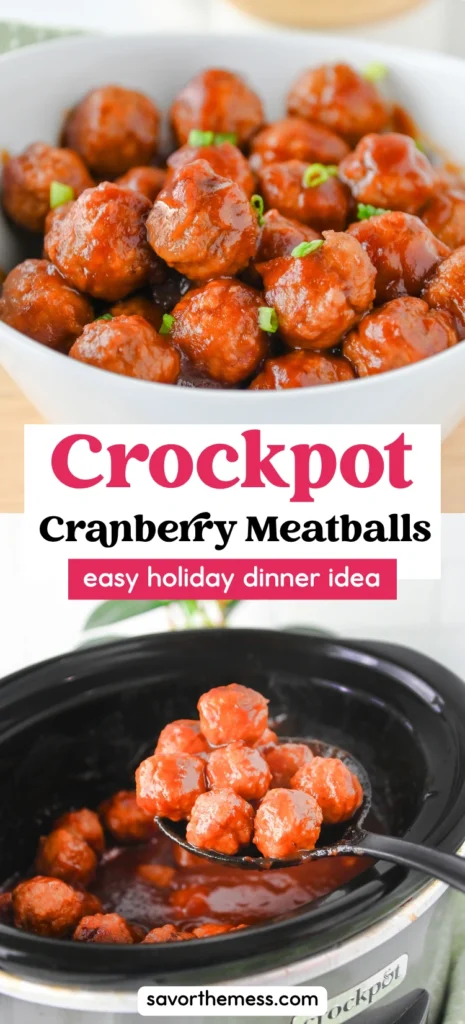 Cranberry Meatballs in a white bowl on a wooden board