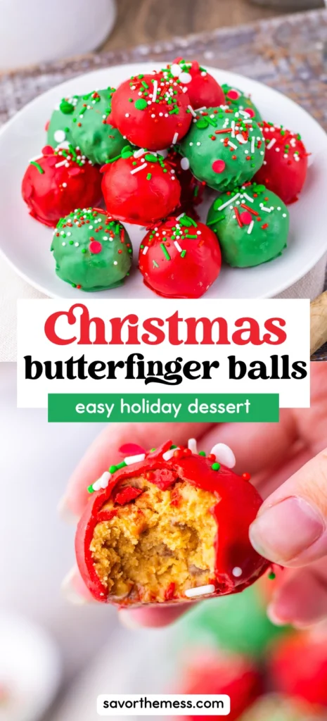 Christmas butterfinger balls coated in red and green chocolate with Christmas-themed sprinkles on top