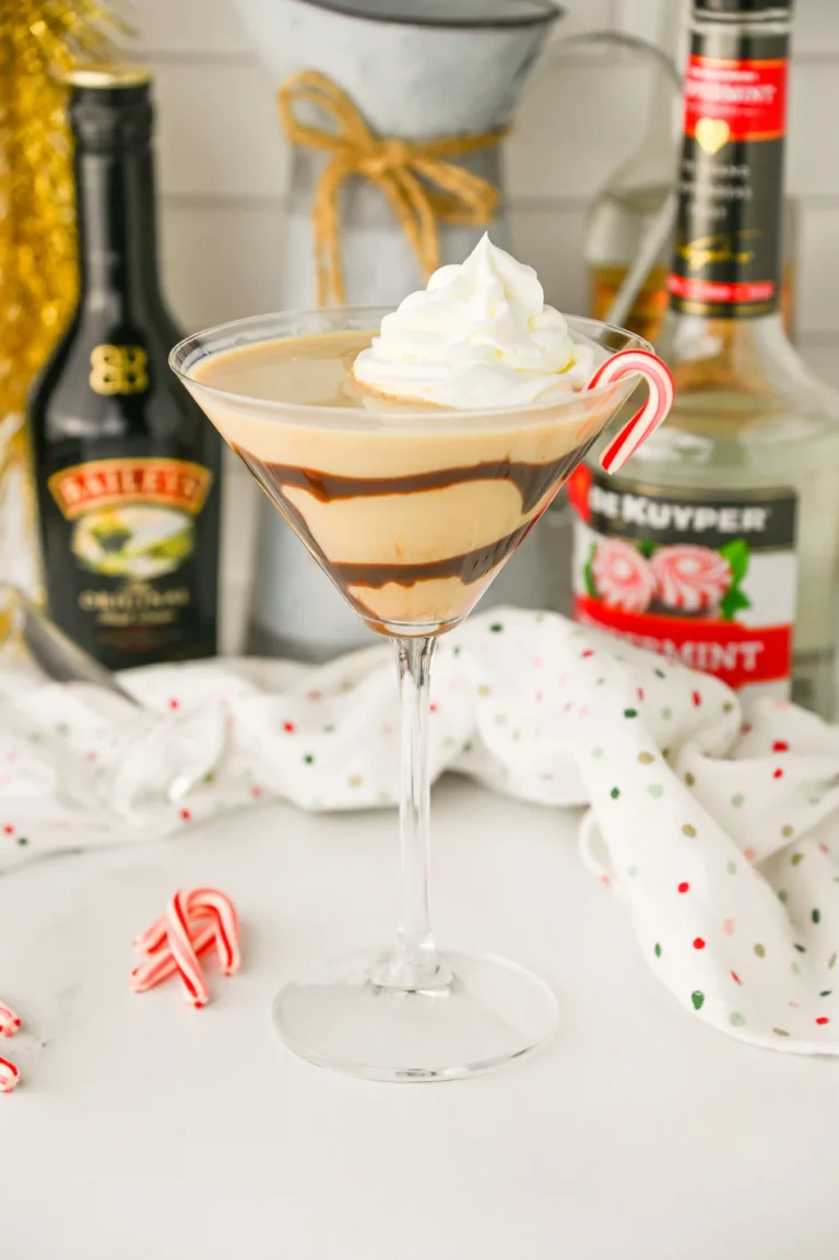 a Baileys Peppermint Martini with chocolate sauce around the glass and topped with whipped cream and a candy cane