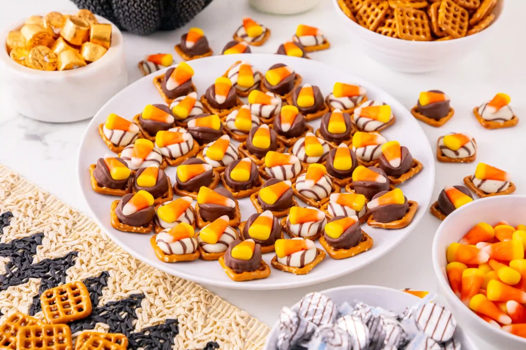pretzels with chocolate and candy corn on top on a white plate