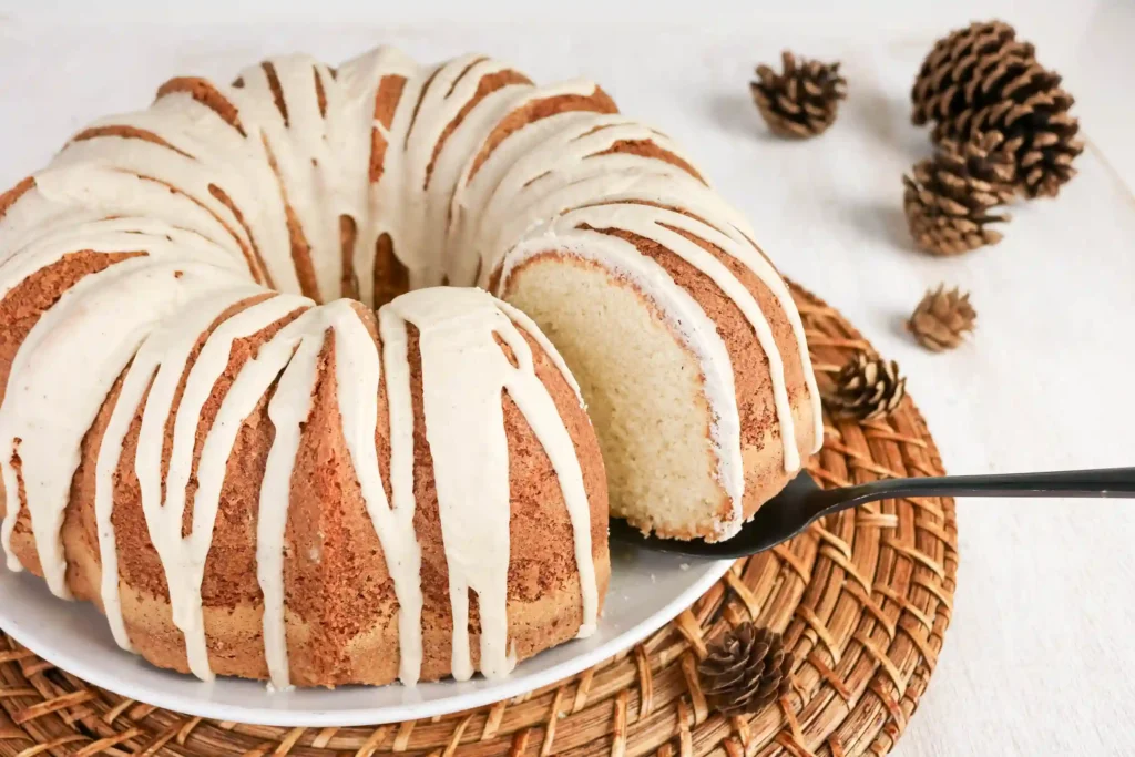 Eggnog Pound Cake with a slice cut out