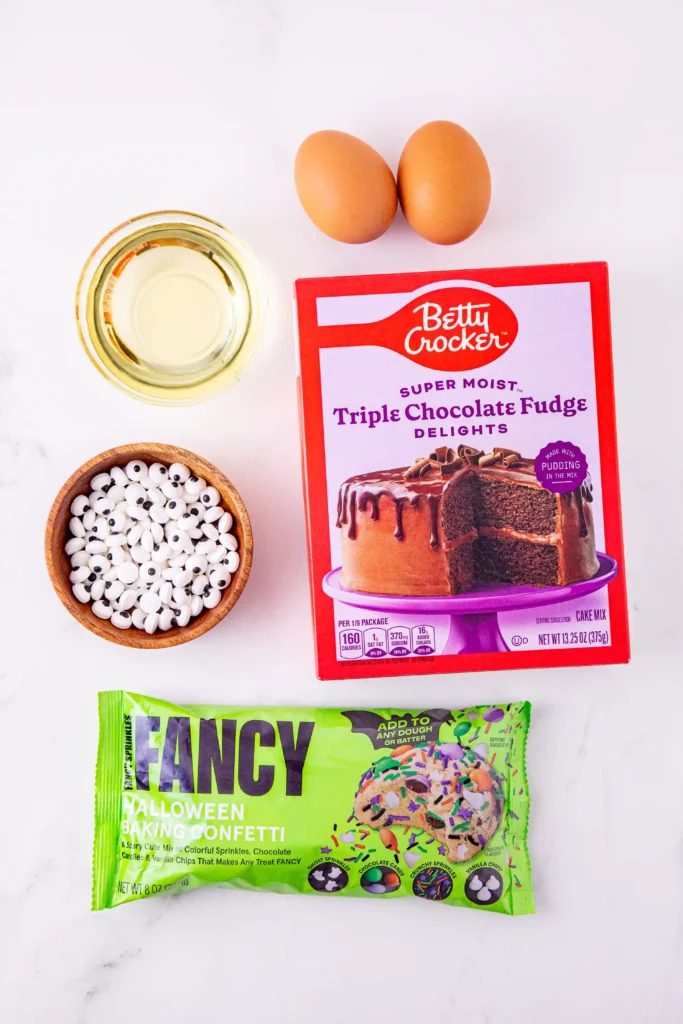 ingredients for the halloween monster cake mix cookies