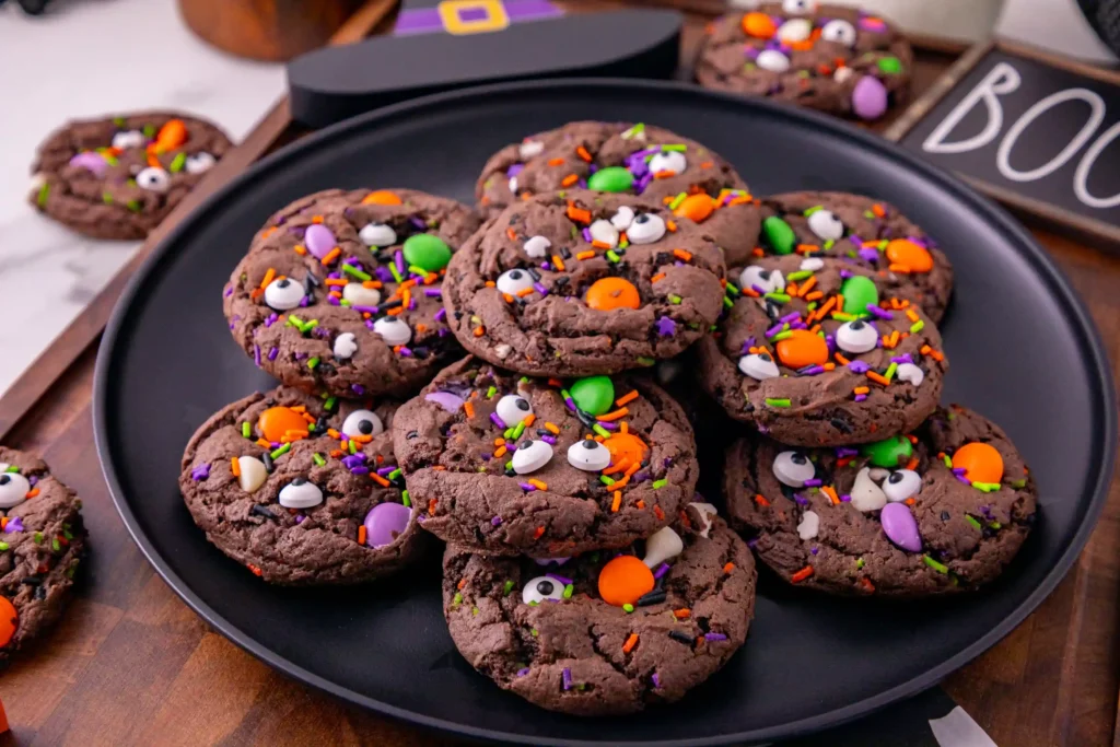 Halloween Monster Cake Mix Cookies with Halloween sprinkles on a black plate