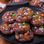 Halloween Monster Cake Mix Cookies with Halloween sprinkles on a black plate