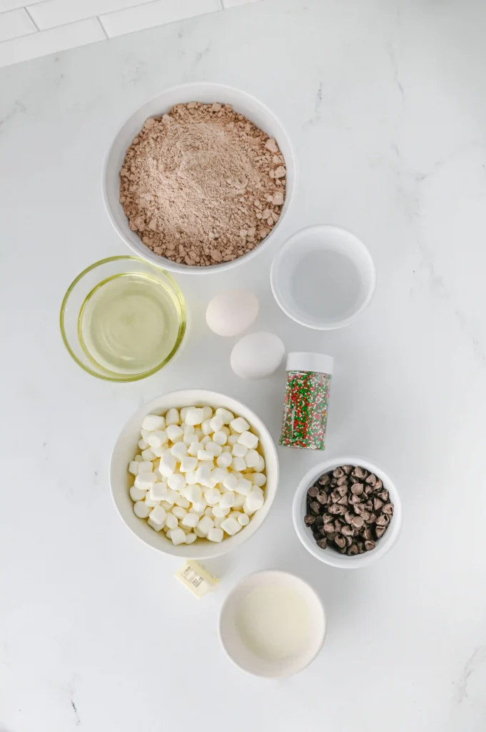 ingredients for the hot cocoa brownie bites