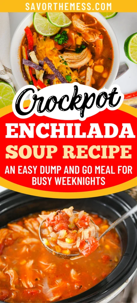 enchilada soup in a crockpot and a white bowl