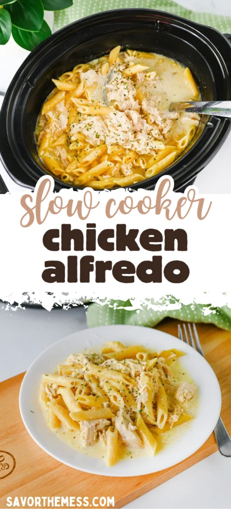 chicken Alfredo on a white plate next to a fork on a wooden board