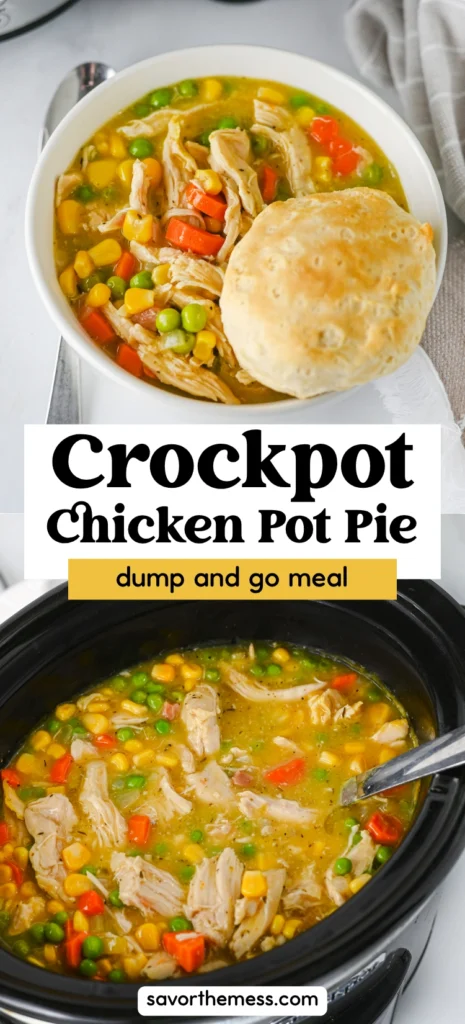 Crock Pot Chicken Pot Pie soup in a bowl with a biscuit