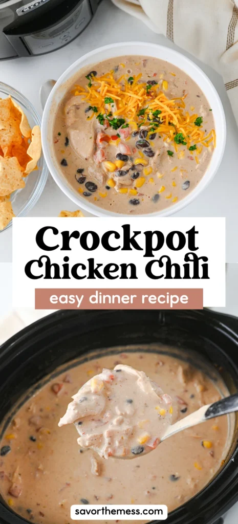 Cream Cheese Chicken Chili with cheese on top in a white bowl